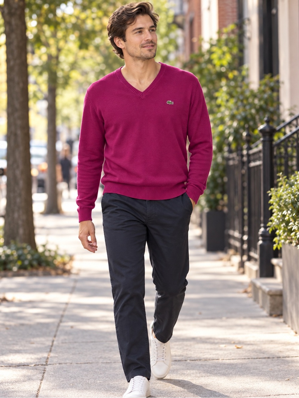 Lacoste Men’s L Size 5 Purple Magenta V Neck Cotton Sweater Croc Logo